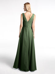 Robe en Mousseline Simple à Encolure Crantée de Pleine Longueur Olive Verte Grande Taille