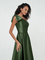 Robes Longues en Satin à Une Epaule avec Poches Olive Verte