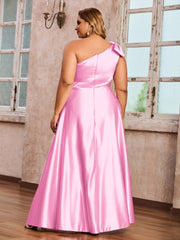 Robes Longues en Satin à Une Epaule avec Poches Rose Bonbon Grande Taille