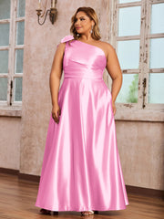 Robes Longues en Satin à Une Epaule avec Poches Rose Bonbon Grande Taille