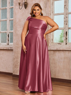 Robes Longues en Satin à Une Epaule avec Poches Cannelle Rose Grande Taille