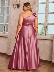 Robes Longues en Satin à Une Epaule avec Poches Cannelle Rose Grande Taille