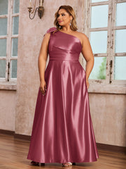 Robes Longues en Satin à Une Epaule avec Poches Cannelle Rose Grande Taille