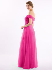 Hors De l'Épaule Col En Cœur Tulle Robe Fuchsia