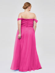 Hors De l'Épaule Col En Cœur Tulle Robe Fuchsia