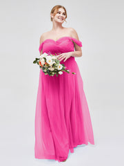 Hors De l'Épaule Col En Cœur Tulle Robe Fuchsia