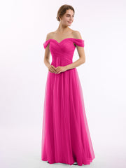 Hors De l'Épaule Col En Cœur Tulle Robe Fuchsia