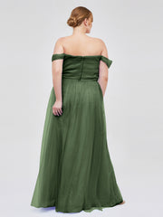 Hors De l'Épaule Col En Cœur Tulle Robe Olive Verte Grande Taille