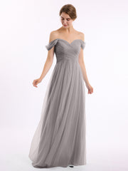 Hors De l'Épaule Col En Cœur Tulle Robe Argent