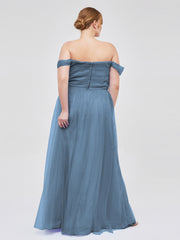 Hors De l'Épaule Col En Cœur Tulle Robe Bleu de Schiste