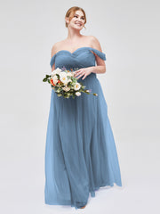 Hors De l'Épaule Col En Cœur Tulle Robe Bleu de Schiste Grande Taille