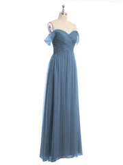 Hors De l'Épaule Col En Cœur Tulle Robe Bleu de Schiste