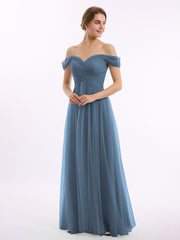 Hors De l'Épaule Col En Cœur Tulle Robe Bleu de Schiste