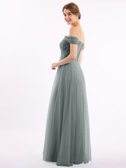 Hors De l'Épaule Col En Cœur Tulle Robe Gris Acier