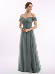 Hors De l'Épaule Col En Cœur Tulle Robe Gris Acier