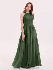 Robe Longue Dentelle avec Illusion Col en Cœur Olive Verte