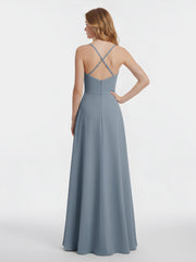 Spaghetti Bretelle Col En V Mousseline Robes Bleu Poudré