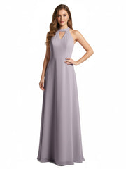 Licou Mousseline Robes Longues De Demoiselle d'Honneur Avec Dos Bas Dusk