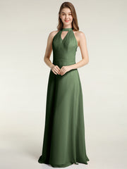 Licou Mousseline Robes Longues De Demoiselle d'Honneur Avec Dos Bas Olive Verte Grande Taille
