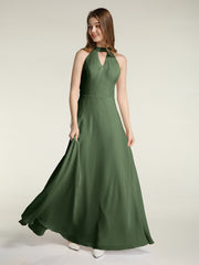 Licou Mousseline Robes Longues De Demoiselle d'Honneur Avec Dos Bas Olive Verte Grande Taille