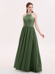 Licou Robe Longue avec Dentelle Bustier Olive Verte