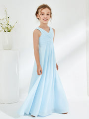 Robes de Demoiselle d'Honneur Junior Plissées à Col en V Bleu Ciel
