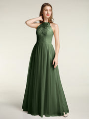 Dentelle Corsage Et Tulle Jupe Robes Longues Olive Verte