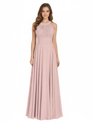 Robe Demoiselle d'honneur Col en Licou Dos Nu Mousseline Rose Poudré Grande Taille