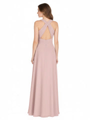 Robe Demoiselle d'honneur Col en Licou Dos Nu Mousseline Rose Poudré Grande Taille