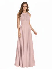 Robe Demoiselle d'honneur Col en Licou Dos Nu Mousseline Rose Poudré Grande Taille