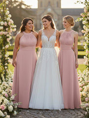 Robe Demoiselle d'honneur Col en Licou Dos Nu Mousseline Rose Poudré Grande Taille