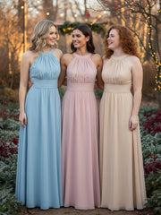 Robe Demoiselle d'honneur Col en Licou Dos Nu Mousseline Rose Poudré Grande Taille