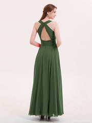 Robe Demoiselle d'honneur Col en Licou Dos Nu Mousseline Olive Verte