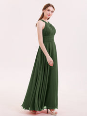 Robe Demoiselle d'honneur Col en Licou Dos Nu Mousseline Olive Verte
