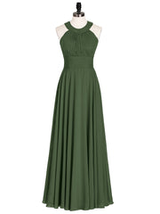 Robe Demoiselle d'honneur Col en Licou Dos Nu Mousseline Olive Verte