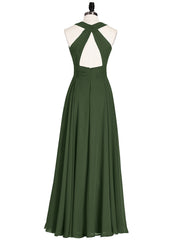 Robe Demoiselle d'honneur Col en Licou Dos Nu Mousseline Olive Verte Grande Taille
