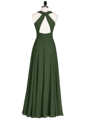Robe Demoiselle d'honneur Col en Licou Dos Nu Mousseline Olive Verte