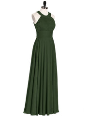 Robe Demoiselle d'honneur Col en Licou Dos Nu Mousseline Olive Verte