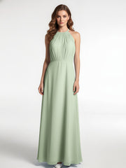 Robe Longue en Mousseline à Col Licou avec Jupe Circulaire Sauge Poudrée Grande Taille