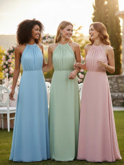 Robe Longue en Mousseline à Col Licou avec Jupe Circulaire Sauge Poudrée Grande Taille