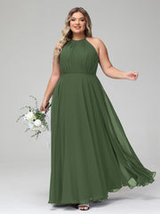 Robe Longue en Mousseline à Col Licou avec Jupe Circulaire Olive Verte Grande Taille
