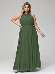 Robe Longue en Mousseline à Col Licou avec Jupe Circulaire Olive Verte Grande Taille