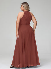 Robe Longue en Mousseline à Col Licou avec Jupe Circulaire terracotta Grande Taille