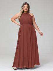 Robe Longue en Mousseline à Col Licou avec Jupe Circulaire terracotta Grande Taille
