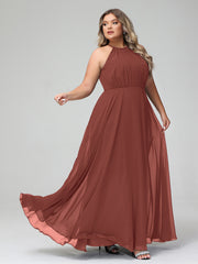 Robe Longue en Mousseline à Col Licou avec Jupe Circulaire terracotta Grande Taille