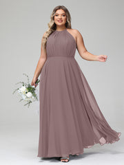 Robe Longue en Mousseline à Col Licou avec Jupe Circulaire Vintage Mauve Grande Taille