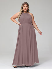Robe Longue en Mousseline à Col Licou avec Jupe Circulaire Vintage Mauve Grande Taille