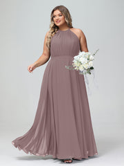 Robe Longue en Mousseline à Col Licou avec Jupe Circulaire Vintage Mauve Grande Taille