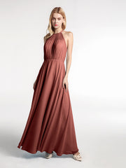 Robe Longue en Mousseline à Col Licou avec Jupe Circulaire terracotta