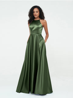 A-ligne Robes Maxi à Licou en Satin avec Poches Olive Verte